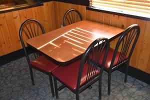 lot 83 image: Table & four red chairs 46 x 30