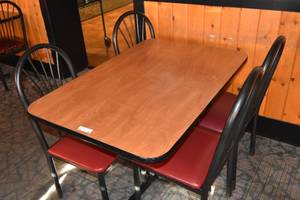 lot 89 image: Table & four red chairs 46 x 30