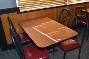 lot 90 image: Table & four red chairs 46 x 30