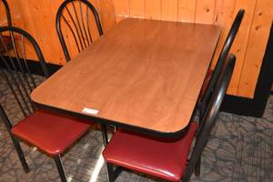 lot 91 image: Table & four red chairs 46 x 30