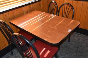 lot 92 image: Table & four red chairs 46 x 30
