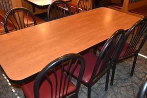 lot 105 image: Long Table with six red chairs 72 x 30