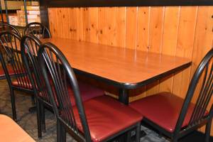 lot 104 image: Long Table with six red chairs 72 x 30