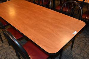 lot 106 image: Long Table with six red chairs 72 x 30