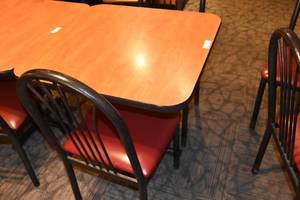 lot 108 image: Small table & two red chairs