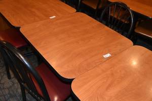lot 109 image: Small table & two red chairs