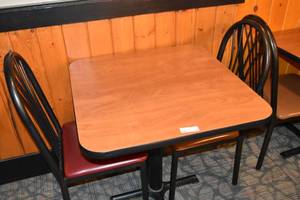 lot 111 image: Small table & one red chair, one brown