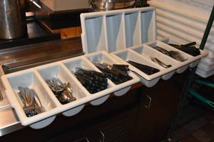 lot 176 image: Plastic silverware totes, 2 full, 1 empty
