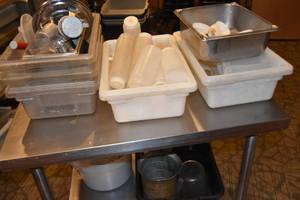 lot 209 image: 5) Poly Trays, Chef bottles, untensils