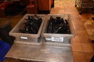 lot 216 image: 2) Tubs of tongs and lids