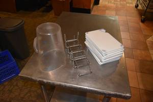lot 228 image: 10) small cutting boards, rack and pitcher