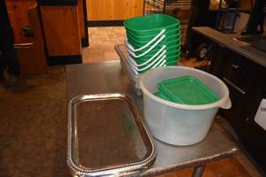 lot 244 image: 8) Heavy metal trays, extra lids, buckets