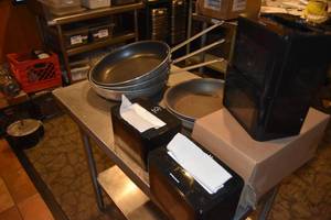 lot 313 image: 5) Fry Pans (2 Vollrath) napkin dispensers