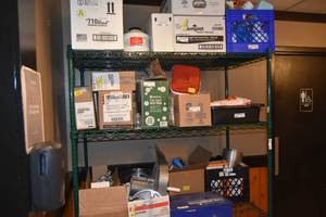 lot 322 image: Four shelf green roller rack 60 W, 24D, 80 T