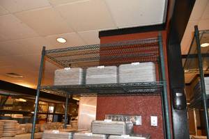 lot 349 image: Four shelf green roller rack 48 W, 24D, 80 T