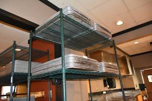 lot 361 image: Four shelf green roller rack 48 W, 24D, 80 T