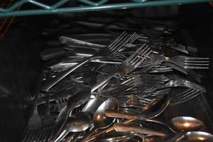lot 378 image: Tub of silverware & misc on shelf