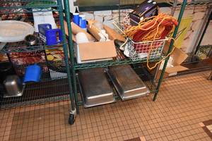 lot 382 image: 2) Shelves of sauce pans, inserts, cords