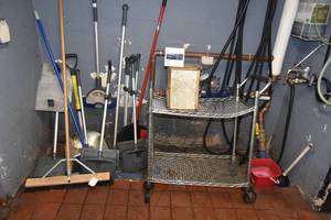 lot 442 image: Brooms, Shovel, Sweep Buckets, cart, etc