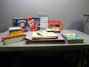 lot 67 image: Construction paper, color books, old dominos