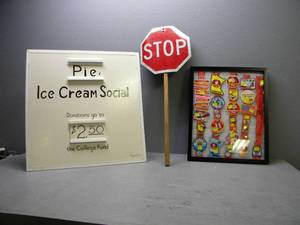 lot 76 image: Ice Cream Social sign, stop sign, badges