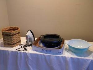 lot 23 image: Pyrex, misc bowls, iron and basket
