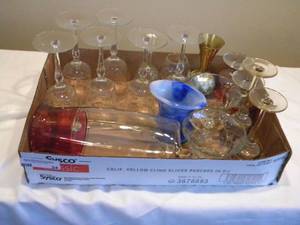 lot 34 image: Red and clear glass pitcher & stemware