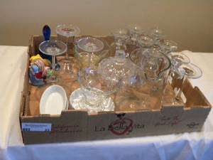 lot 33 image: Clear glass goblet, stemware, dishes