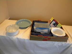 lot 55 image: Corning casserole, burger press