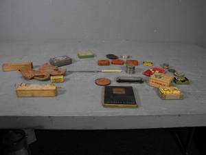 lot 60 image: Many trinkets, pins,adv. Letter opener