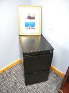 lot 36 image: Two drawer file with key and wall picture