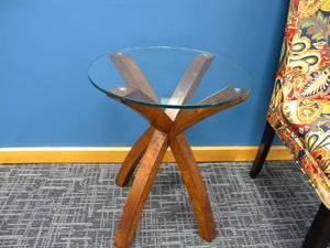 lot 43 image: Glasstop small round table wwood legs-19