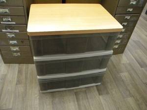 lot 172 image: Three drawer poly cabinet wformica top