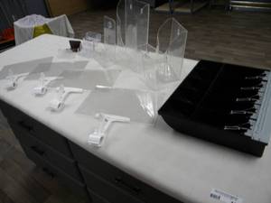 lot 162 image: Cash drawer, card displays, Clip sign holders