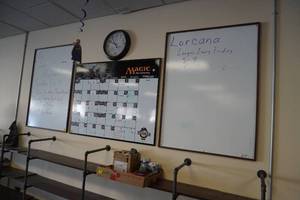 lot 4 image: Magic the Gathering white board calendar, and 2 whiteboards, and a clock
