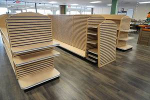 lot 180 image: 36 Gondola steel and pegboard, double sides-9 4 sections-8 end caps,36 4 shelves,15 3 end cap shelves, 6 3 tier waterfall shelves-3  long, 7 2 tier waterfall shelves