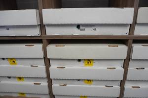 lot 47 image: Magic card box, commons, uncommons, and bulk rares 4 rows per box, 4 boxes per lot