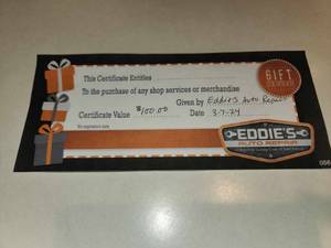 lot 84 image: Eddies Auto Repair $100 Gift Certificate