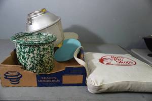 lot 48 image: Minnow Bucket, glass lamp shades, fan