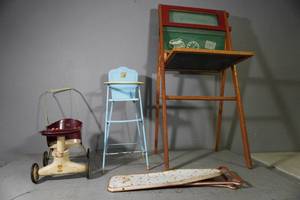 lot 74 image: Ansco Doll-E-Highchair, Stroller, Ironing board