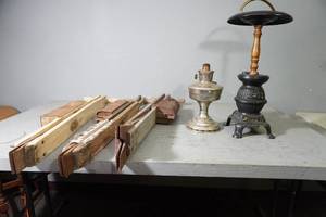 lot 76 image: 3)Primitive Hand Corn Planters, lamp base