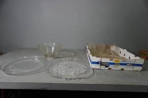 lot 97 image: Clear glass platters, bowl, glassware