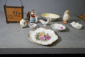 lot 99 image: Figurines, painted bowl, knick knacks