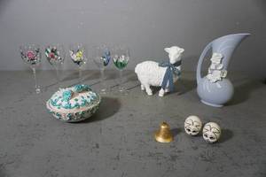 lot 103 image: Painted stemware, vase, lamb, colored dishes