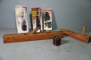 lot 127 image: Wood planes, rubber boots, cheese crock