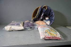 lot 147 image: Bag of pruple yarn, Bucilla sweater, Knitting afgan