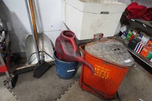 lot 49 image: Fireproof rag can, pails, fill jug, soap, broom and aluminum scoop