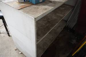 lot 53 image: White two sided wood shelf 63 x 24 x 43