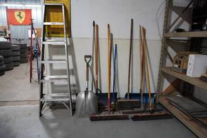 lot 126 image: Ladder, 3 brooms, 3 squeeges, snow pusher