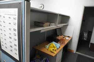 lot 349 image: Office cubicles with 3 upper files and 3 two drawer file cabinets and desk tops